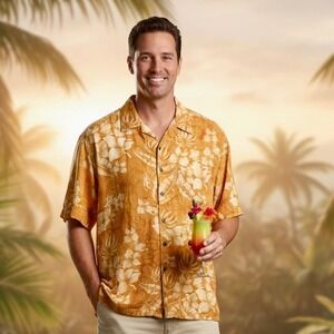 Panama Jack Men Orange Floral Print Short Sleeve Button Up Aloha Shirt XL Hawaii